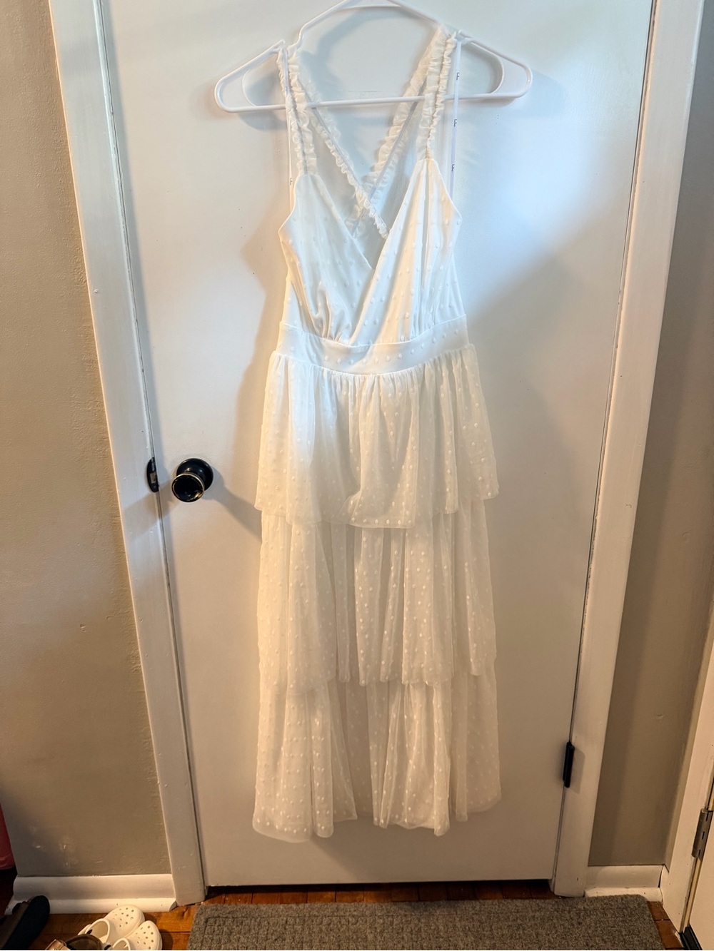 Lulu's White Tiered Dot-Texture Midi Dress with V-Neck